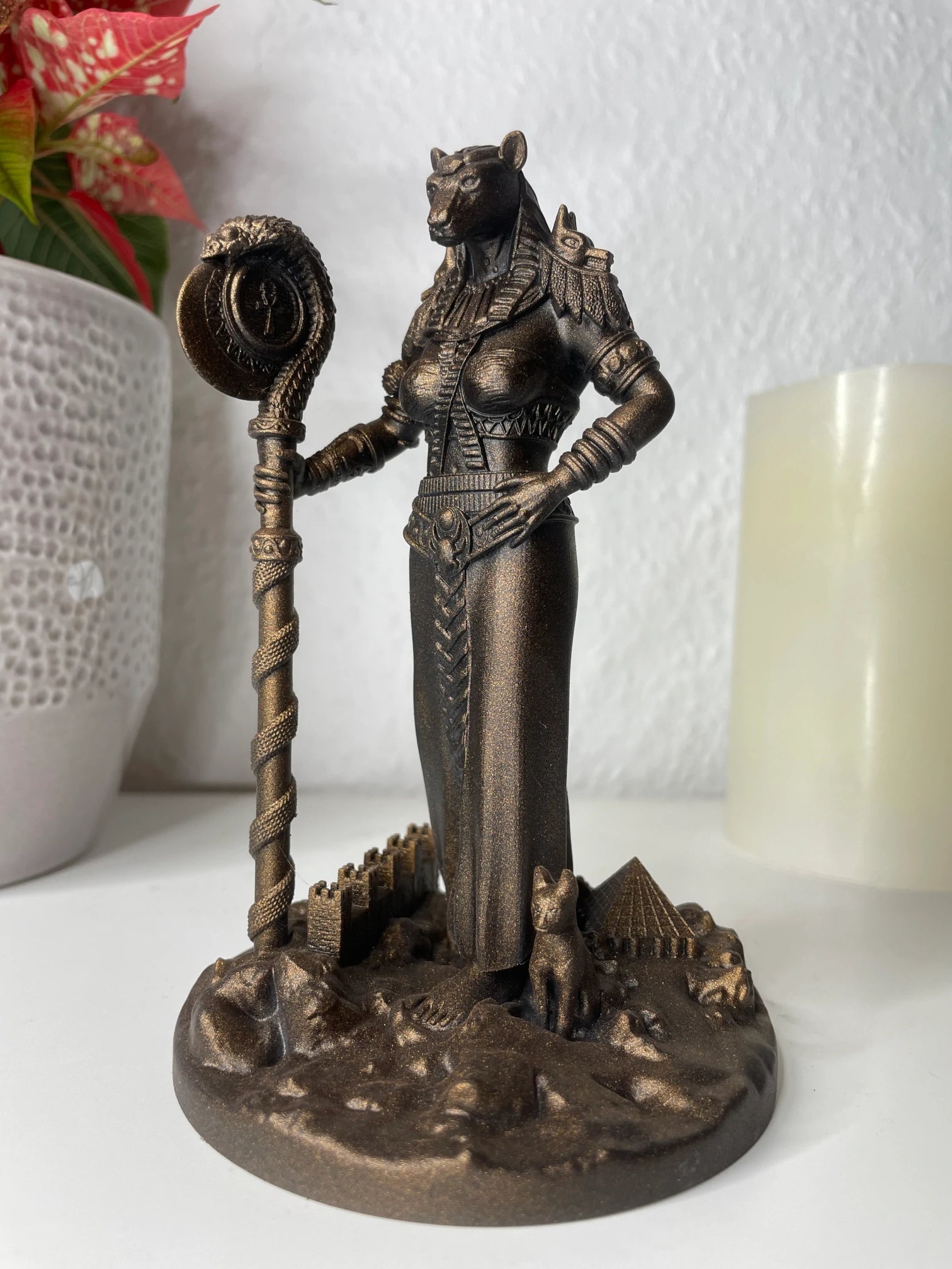 Statue of Bastet – Egyptian goddess of protection, joy and cats, hand-painted figurine – altar miniature decoration