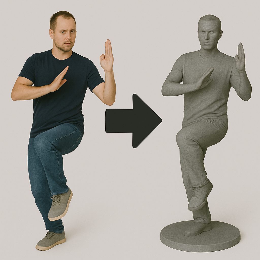 Man in fighting pose – next to 3D model as statue