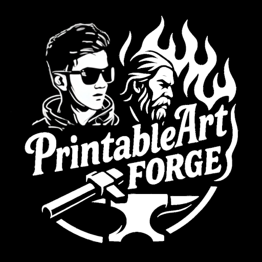 PrintableArtForge logo – man with beard, flame and chisel